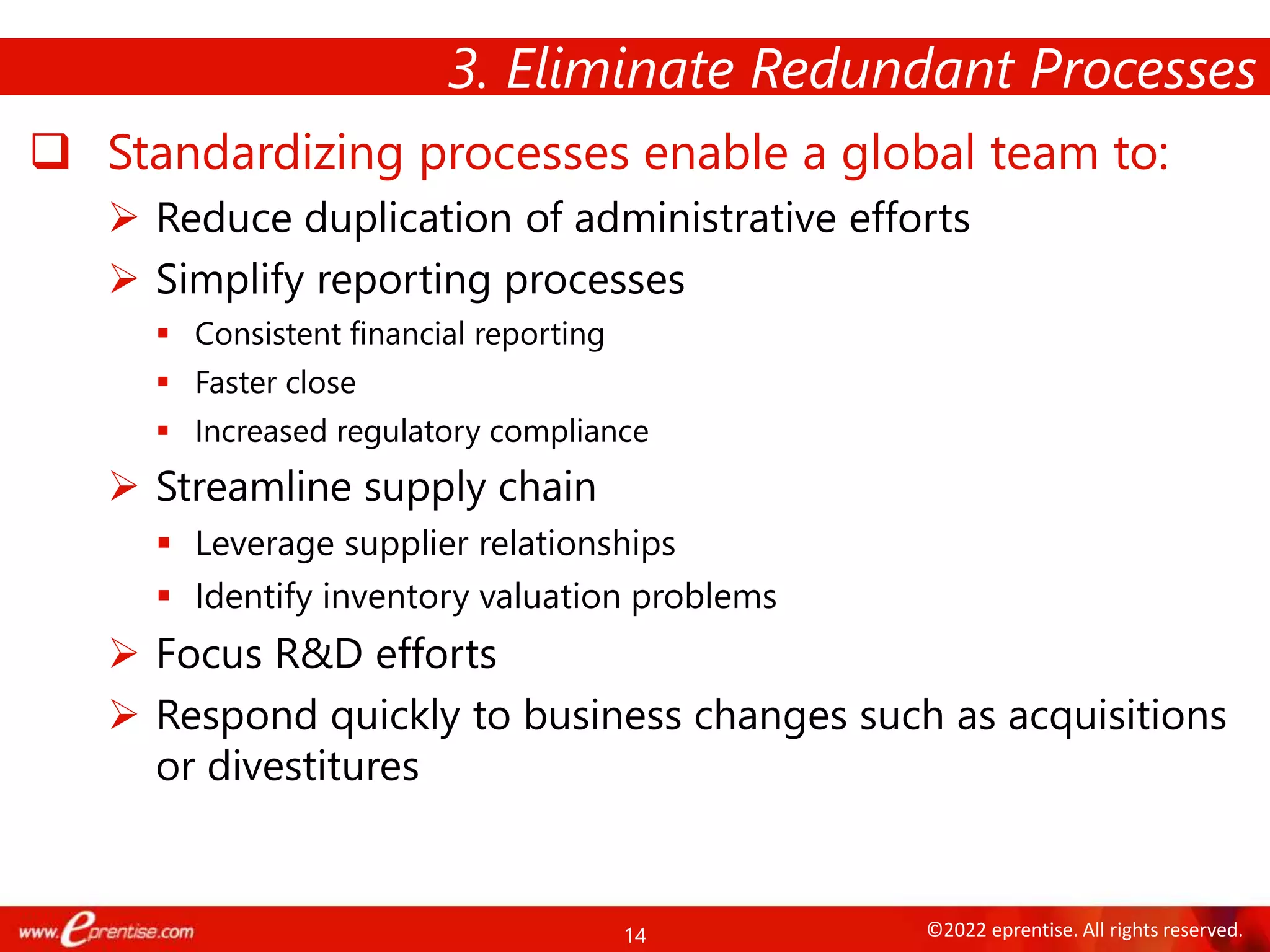 14 ©2022 eprentise. All rights reserved.
 Standardizing processes enable a global team to:
 Reduce duplication of administrative efforts
 Simplify reporting processes
 Consistent financial reporting
 Faster close
 Increased regulatory compliance
 Streamline supply chain
 Leverage supplier relationships
 Identify inventory valuation problems
 Focus R&D efforts
 Respond quickly to business changes such as acquisitions
or divestitures
3. Eliminate Redundant Processes
 