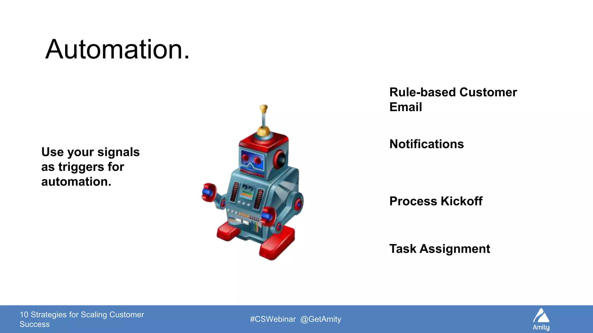 10 Strategies for Scaling Customer
Success
#CSWebinar @GetAmity
Automation.
Use your signals
as triggers for
automation.
Rule-based Customer
Email
Notifications
Process Kickoff
Task Assignment
 