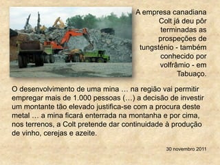 O desenvolvimento de uma mina … na região vai permitir
empregar mais de 1.000 pessoas (…) a decisão de investir
um montante tão elevado justifica-se com a procura deste
metal … a mina ficará enterrada na montanha e por cima,
nos terrenos, a Colt pretende dar continuidade à produção
de vinho, cerejas e azeite.
30 novembro 2011
A empresa canadiana
Colt já deu pôr
terminadas as
prospeções de
tungsténio - também
conhecido por
volfrâmio - em
Tabuaço.
 