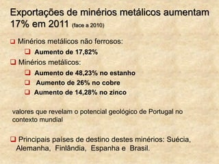 Exportações de minérios metálicos aumentam
17% em 2011 (face a 2010)
 Minérios metálicos não ferrosos:
 Aumento de 17,82%
 Minérios metálicos:
 Aumento de 48,23% no estanho
 Aumento de 26% no cobre
 Aumento de 14,28% no zinco
valores que revelam o potencial geológico de Portugal no
contexto mundial
 Principais países de destino destes minérios: Suécia,
Alemanha, Finlândia, Espanha e Brasil.
 