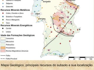 Mapa Geológico, principais recursos do subsolo e sua localização
 