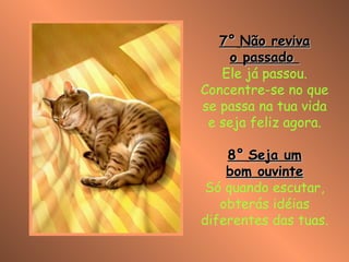 7°   Não reviva o passado  Ele já passou. Concentre-se no que se passa na tua vida e seja feliz agora. 8°   Seja um bom ouvinte Só quando escutar, obterás idéias diferentes das tuas. 