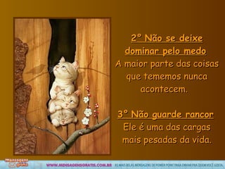 2°   Não se deixe dominar pelo medo   A maior parte das coisas que tememos nunca acontecem.    3°   Não guarde rancor   Ele é uma das cargas mais pesadas da vida. 