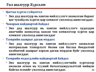 56
Гол шалгуур Х ргэлтү
• Цагтаа х ргэх г йцэтгэлү ү
 Энэ дэд шалгуур нь ханган нийл лэгч захиалсан бараагүү
цаг тухайд нь х ргэх цар хэмжээг нэлэхэд ашиглагддаг.ү ү
• Чанарын найдвартай байдал
 Энэ дэд шалгуур нь ханган нийл лэгч худалданүү
авагчийн захиалгад заасан тоо хэмжээгээр х ргэх царү
хэмжээг нэлэхэд ашиглагддагү
• Тээврийн зааврыг дагаж м рд хө ө
 Энэ дэд шалгуур нь ханган нийл лэгч захиалсанүү
материалын тээвэрлэлт болон сав баглаа боодолтой
холбоотой зааврыг хэрхэн дагаж м рд ж буйг нэлэхэдө ө ү
ашиглагддаг.
• Тээврийн мэдэгдлийн найдвартай байдал
 Энэ шалгуур нь ханган нийл лэгчийн х ргэхээрүү ү
амласан огноо нь т ний баталгаажуулалттай нийцэжүү
байгаа эсэхийг нэлэхэд ашиглагддаг.ү
 