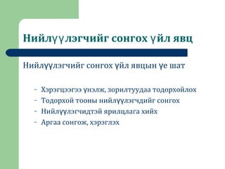 Нийл лэгчийг сонгох йл явцүү ү
Нийл лэгчийг сонгох йл явцын е шатүү ү ү
– Хэрэгцээгээ нэлж, зорилтуудаа тодорхойлохү
– Тодорхой тооны нийл лэгчдийг сонгохүү
– Нийл лэгчидтэй ярилцлага хийхүү
– Аргаа сонгож, хэрэглэх
 