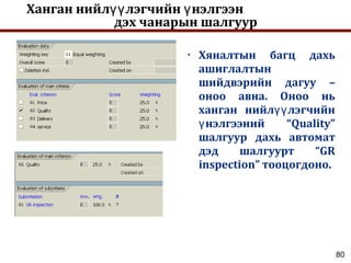 80
Ханган нийл лэгчийн нэлгээнүү ү
дэх чанарын шалгуур
• Хяналтын багц дахь
ашиглалтын
шийдвэрийн дагуу –
оноо авна. Оноо нь
ханган нийл лэгчийнүү
нэлгээний “Quality”ү
шалгуур дахь автомат
дэд шалгуурт “GR
inspection” тооцогдоно.
 