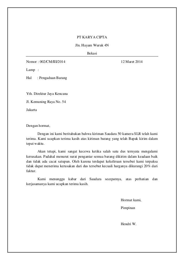 Contoh Surat Klaim Kerusakan