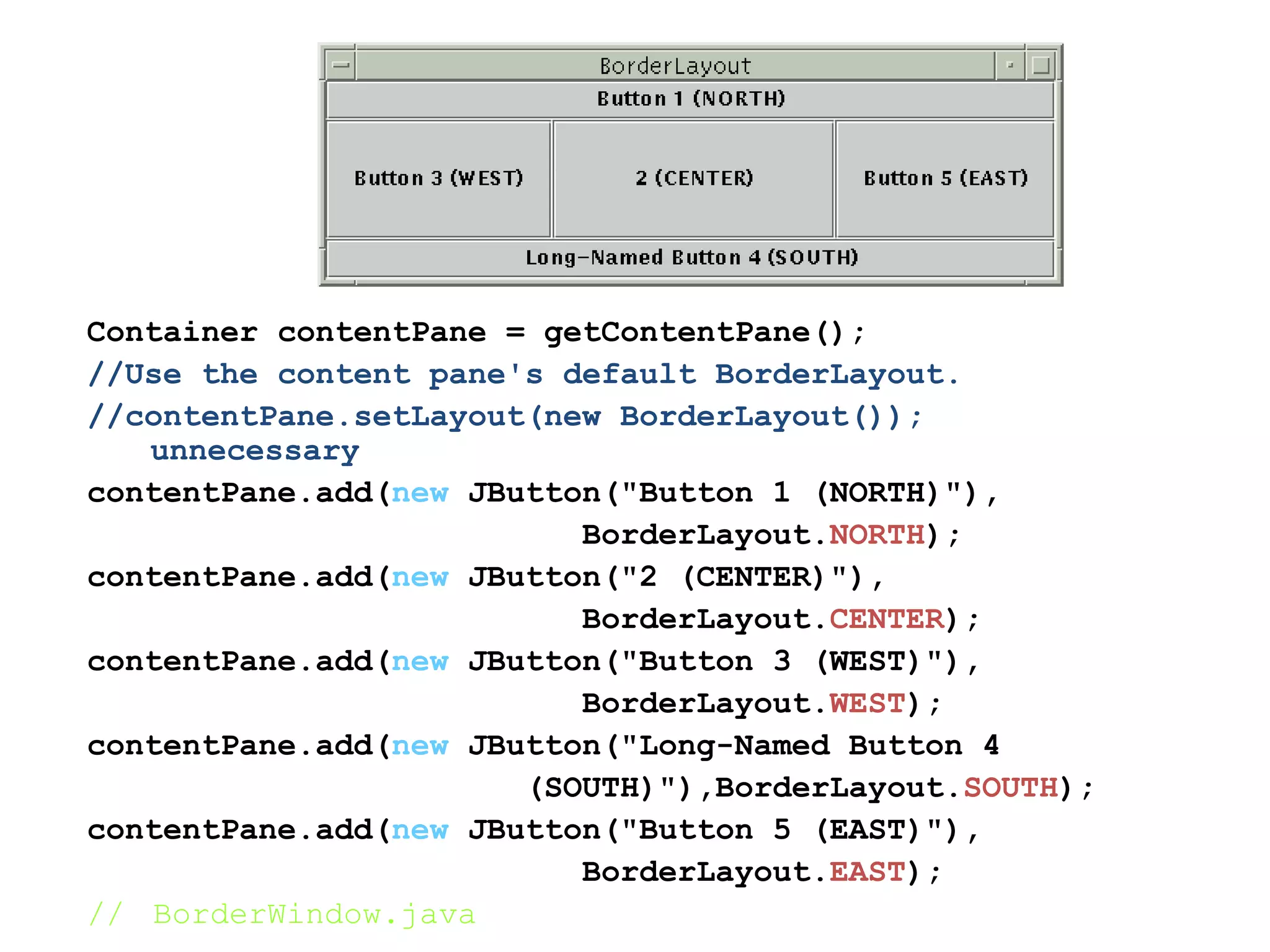 Container contentPane = getContentPane();
//Use the content pane's default BorderLayout.
//contentPane.setLayout(new BorderLayout());
unnecessary
contentPane.add(new JButton("Button 1 (NORTH)"),
BorderLayout.NORTH);
contentPane.add(new JButton("2 (CENTER)"),
BorderLayout.CENTER);
contentPane.add(new JButton("Button 3 (WEST)"),
BorderLayout.WEST);
contentPane.add(new JButton("Long-Named Button 4
(SOUTH)"),BorderLayout.SOUTH);
contentPane.add(new JButton("Button 5 (EAST)"),
BorderLayout.EAST);
// BorderWindow.java
 