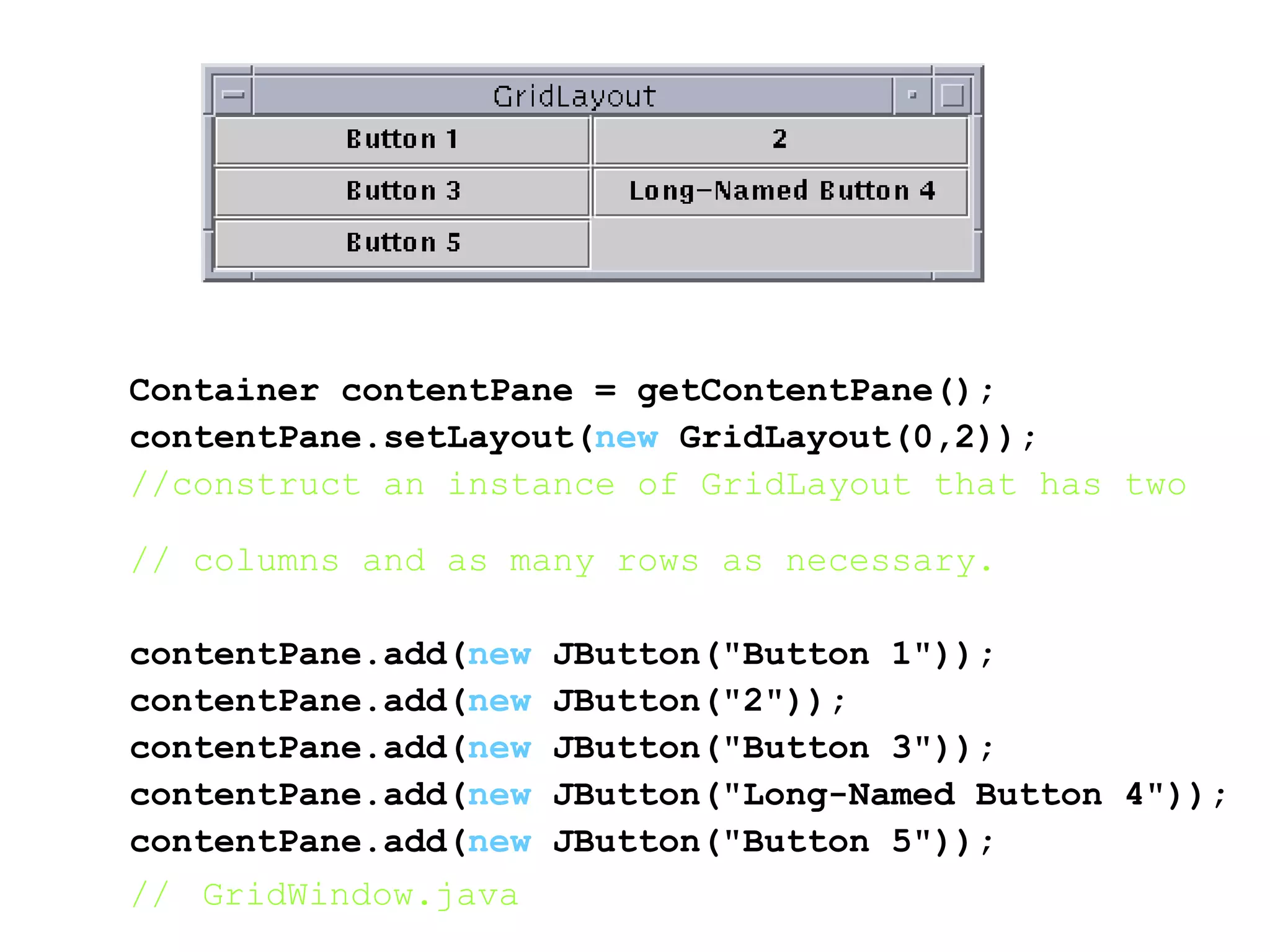 Container contentPane = getContentPane();
contentPane.setLayout(new GridLayout(0,2));
//construct an instance of GridLayout that has two
// columns and as many rows as necessary.
contentPane.add(new JButton("Button 1"));
contentPane.add(new JButton("2"));
contentPane.add(new JButton("Button 3"));
contentPane.add(new JButton("Long-Named Button 4"));
contentPane.add(new JButton("Button 5"));
// GridWindow.java
 