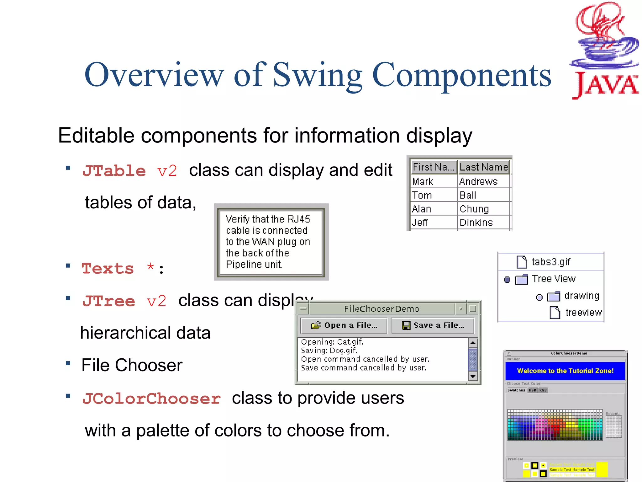 Overview of Swing Components
Editable components for information display
 JTable v2 class can display and edit
tables of data,
 Texts *:
 JTree v2 class can display
hierarchical data
 File Chooser
 JColorChooser class to provide users
with a palette of colors to choose from.
 