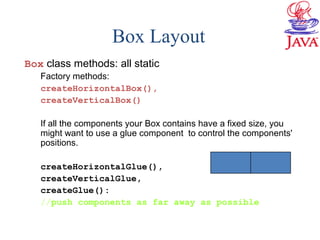 Box class methods: all static
Factory methods:
createHorizontalBox(),
createVerticalBox()
If all the components your Box contains have a fixed size, you
might want to use a glue component to control the components'
positions.
createHorizontalGlue(),
createVerticalGlue,
createGlue():
//push components as far away as possible
Box Layout
 