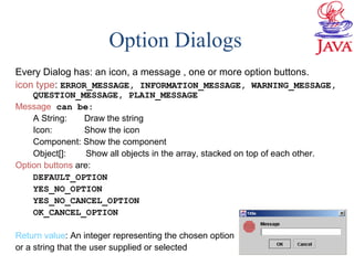 Option Dialogs
Every Dialog has: an icon, a message , one or more option buttons.
icon type: ERROR_MESSAGE, INFORMATION_MESSAGE, WARNING_MESSAGE,
QUESTION_MESSAGE, PLAIN_MESSAGE
Message can be:
A String: Draw the string
Icon: Show the icon
Component: Show the component
Object[]: Show all objects in the array, stacked on top of each other.
Option buttons are:
DEFAULT_OPTION
YES_NO_OPTION
YES_NO_CANCEL_OPTION
OK_CANCEL_OPTION
Return value: An integer representing the chosen option
or a string that the user supplied or selected
 