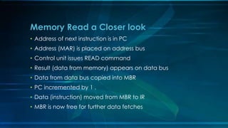 • Address of next instruction is in PC
• Address (MAR) is placed on address bus
• Control unit issues READ command
• Result (data from memory) appears on data bus
• Data from data bus copied into MBR
• PC incremented by 1 .
• Data (instruction) moved from MBR to IR
• MBR is now free for further data fetches
Memory Read a Closer look
 