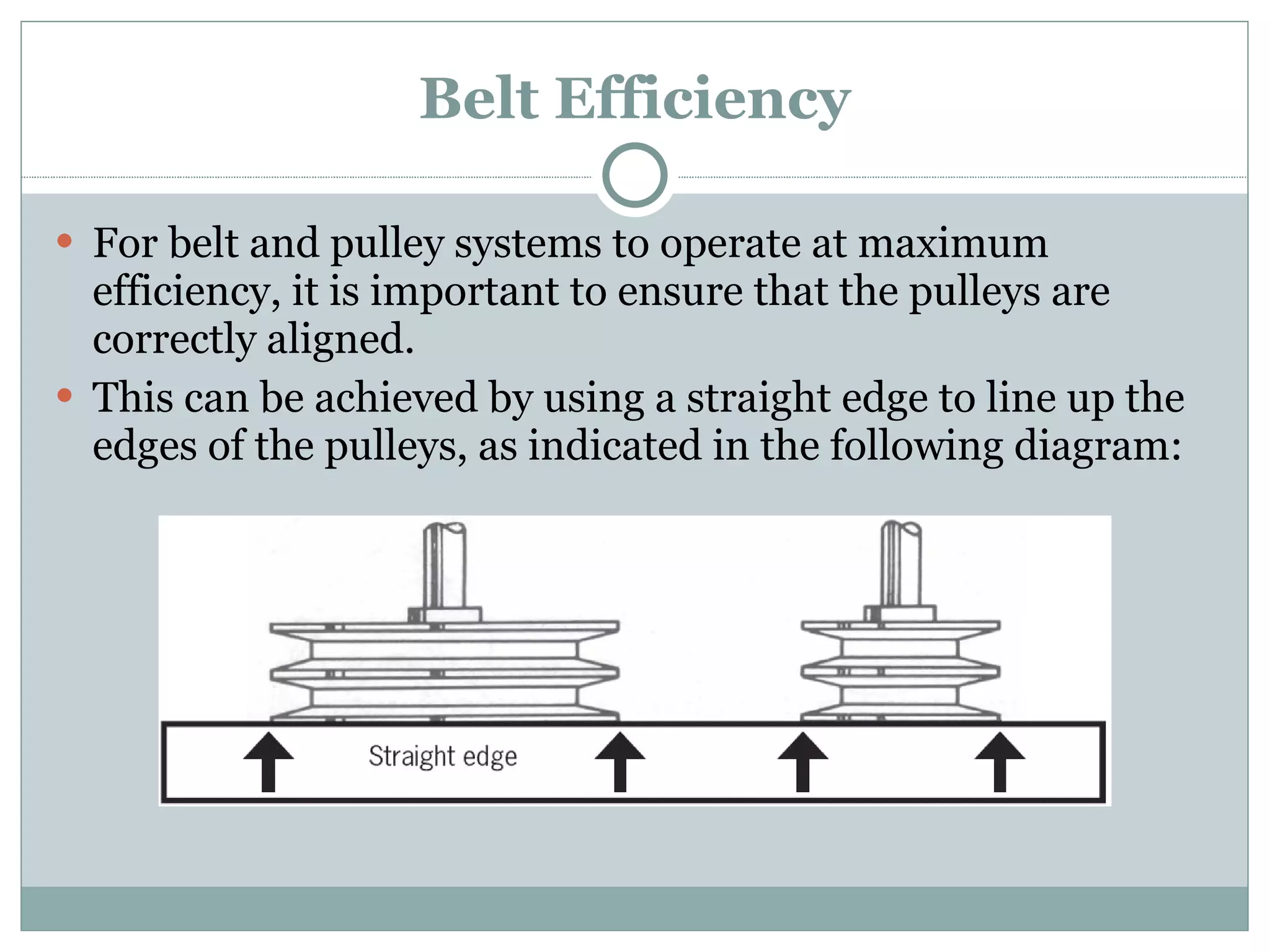 Belt Efficiency For belt and pulley systems to operate at maximum efficiency, it is important to ensure that the pulleys are correctly aligned. This can be achieved by using a straight edge to line up the edges of the pulleys, as indicated in the following diagram: 