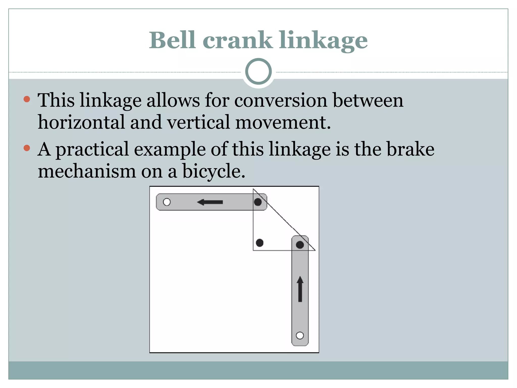 Bell crank linkage This linkage allows for conversion between horizontal and vertical movement. A practical example of this linkage is the brake mechanism on a bicycle. 