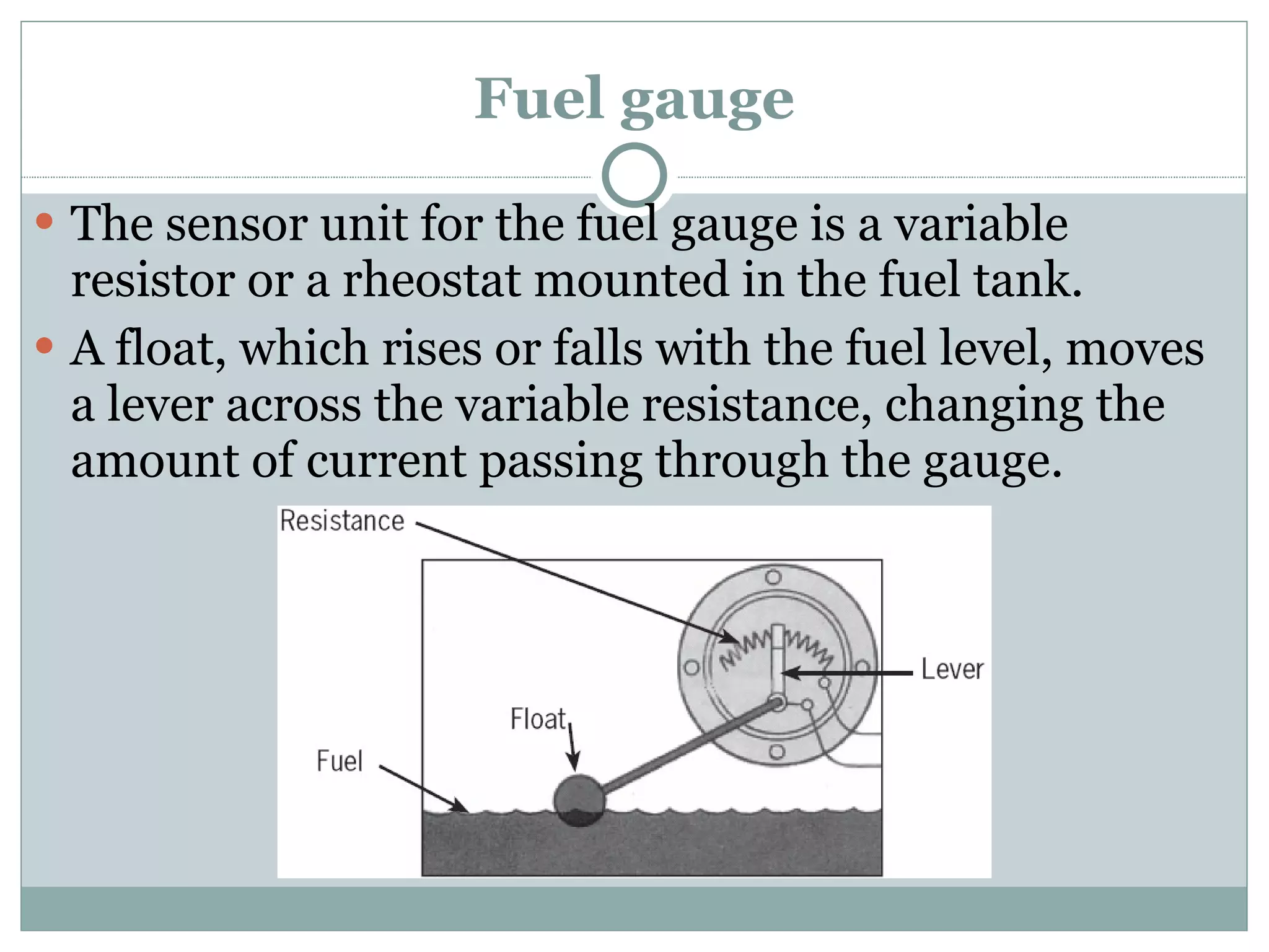 Fuel gauge The sensor unit for the fuel gauge is a variable resistor or a rheostat mounted in the fuel tank. A float, which rises or falls with the fuel level, moves a lever across the variable resistance, changing the amount of current passing through the gauge. 
