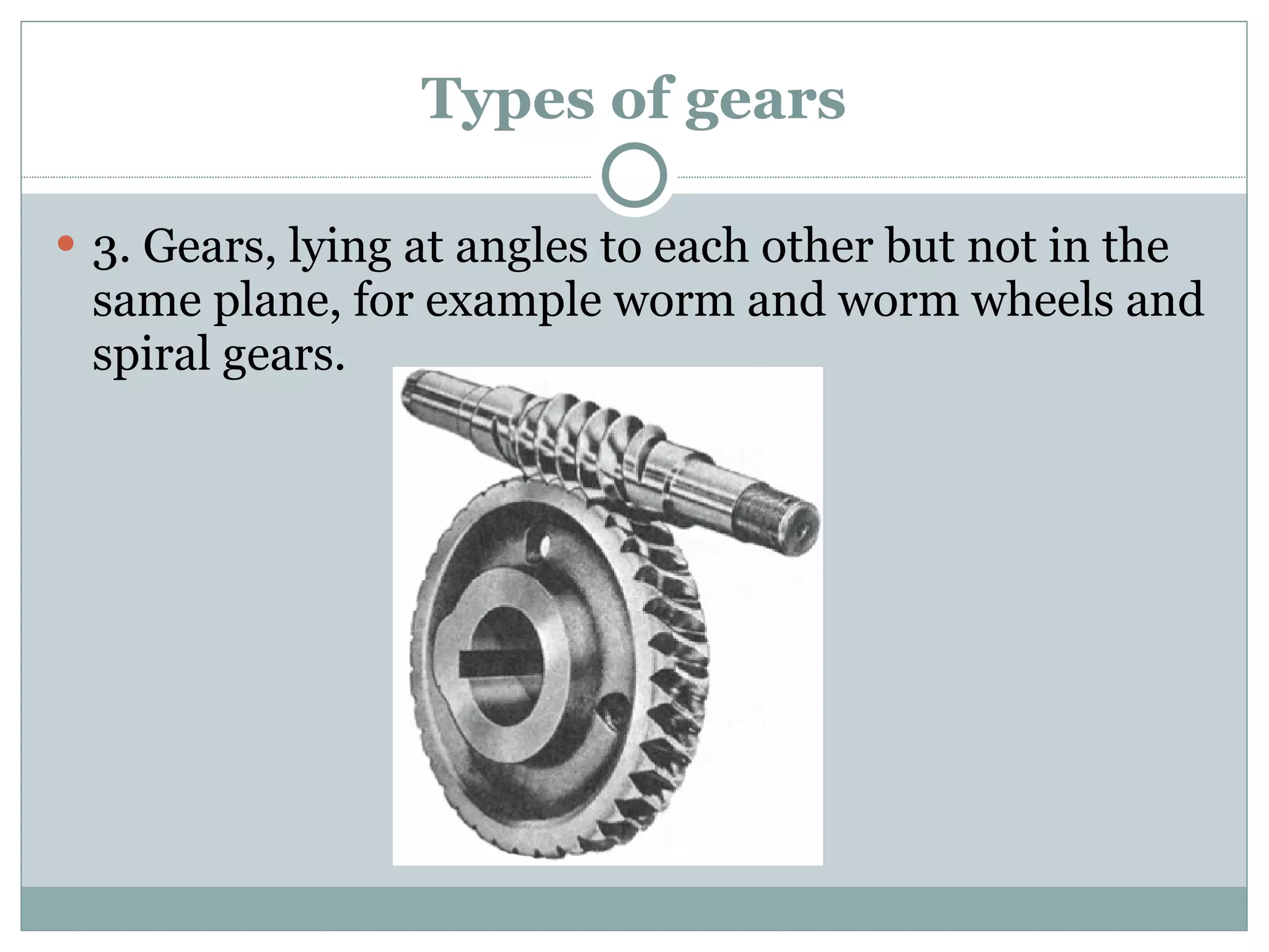 Types of gears 3. Gears, lying at angles to each other but not in the same plane, for example worm and worm wheels and spiral gears. 