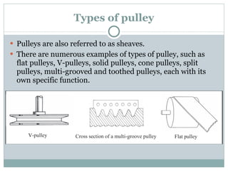 Types of pulley Pulleys are also referred to as sheaves. There are numerous examples of types of pulley, such as flat pulleys, V-pulleys, solid pulleys, cone pulleys, split pulleys, multi-grooved and toothed pulleys, each with its own specific function. 