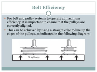 Belt Efficiency For belt and pulley systems to operate at maximum efficiency, it is important to ensure that the pulleys are correctly aligned. This can be achieved by using a straight edge to line up the edges of the pulleys, as indicated in the following diagram: 