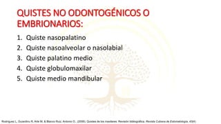 QUISTES NO ODONTOGÉNICOS O
EMBRIONARIOS:
1. Quiste nasopalatino
2. Quiste nasoalveolar o nasolabial
3. Quiste palatino medio
4. Quiste globulomaxilar
5. Quiste medio mandibular
Rodríguez L, Guiardinu R, Arte M, & Blanco Ruiz, Antonio O.. (2006). Quistes de los maxilares: Revisión bibliográfica. Revista Cubana de Estomatología, 43(4)
 