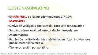 QUISTE NASOPALATINO
• El MÁS FREC. de los no odontogénicos 1.7-12%
• MAXILARES
• Deriva de vestigios epiteliales del conducto nasopalatino
• Saco intraóseo localizado en conducto nasopalatino
• Asintomáticos
• Rx: lesión radiolúcida bien definida en fosa incisiva que
puede cruzar línea media.
• Tto: enucleación por palatino
Rodríguez L, Guiardinu R, Arte M, & Blanco Ruiz, Antonio O.. (2006). Quistes de los maxilares: Revisión bibliográfica. Revista Cubana de Estomatología, 43(4)
 
