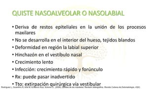 QUISTE NASOALVEOLAR O NASOLABIAL
• Deriva de restos epiteliales en la unión de los procesos
maxilares
• No se desarrolla en el interior del hueso, tejidos blandos
• Deformidad en región la labial superior
• Hinchazón en el vestíbulo nasal
• Crecimiento lento
• Infección: crecimiento rápido y forúnculo
• Rx: puede pasar inadvertido
• Tto: extirpación quirúrgica vía vestibularRodríguez L, Guiardinu R, Arte M, & Blanco Ruiz, Antonio O.. (2006). Quistes de los maxilares: Revisión bibliográfica. Revista Cubana de Estomatología, 43(4)
 