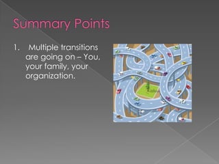 1.    Multiple transitions
     are going on – You,
     your family, your
     organization.
 