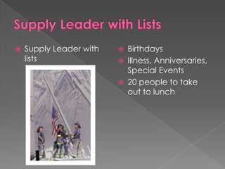    Supply Leader with      Birthdays
    lists                   Illness, Anniversaries,
                             Special Events
                            20 people to take
                             out to lunch
 