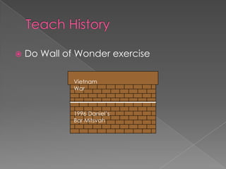    Do Wall of Wonder exercise

              Vietnam
              War



              1996 Daniel’s
              Bar Mitsvah
 