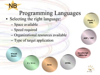 Programming Languages Selecting the right language: Space available Speed required Organizational resources available Type of target application Visual Basic C / C++ Java   HTML JavaScript VBScript ASP / JSP Flash / XML NB 