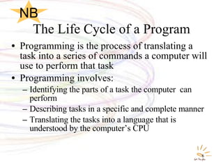 The Life Cycle of a Program Programming is the process of translating a task into a series of commands a computer will use to perform that task Programming involves: Identifying the parts of a task the computer  can perform Describing tasks in a specific and complete manner Translating the tasks into a language that is understood by the computer’s CPU NB 