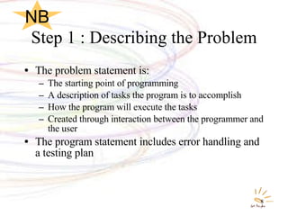 Step 1 : Describing the Problem The problem statement is: The starting point of programming A description of tasks the program is to accomplish How the program will execute the tasks Created through interaction between the programmer and the user The program statement includes error handling and a testing plan NB 