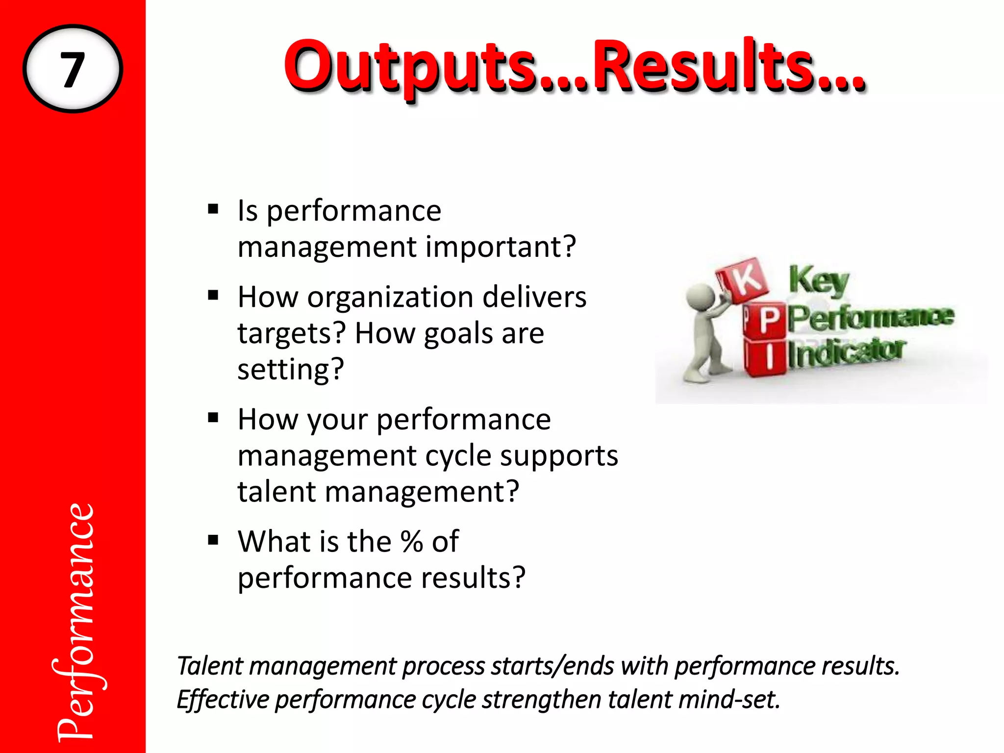 Outputs…Results…Outputs…Results…Performance
 Is performance
management important?
 How organization delivers
targets? How goals are
setting?
 How your performance
management cycle supports
talent management?
 What is the % of
performance results?
Talent management process starts/ends with performance results.
Effective performance cycle strengthen talent mind-set.
7
 