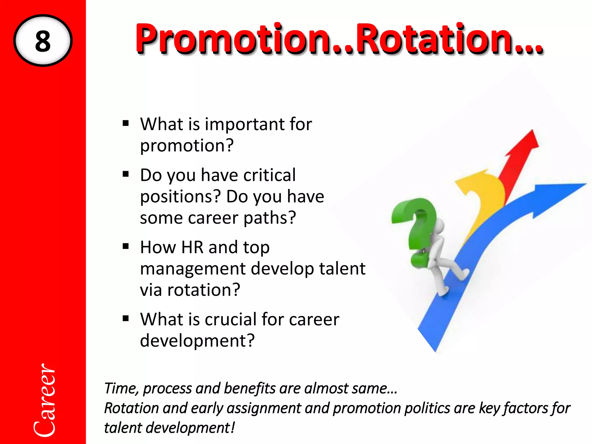 Promotion..Rotation…Promotion..Rotation…Career
 What is important for
promotion?
 Do you have critical
positions? Do you have
some career paths?
 How HR and top
management develop talent
via rotation?
 What is crucial for career
development?
Time, process and benefits are almost same…
Rotation and early assignment and promotion politics are key factors for
talent development!
8
 