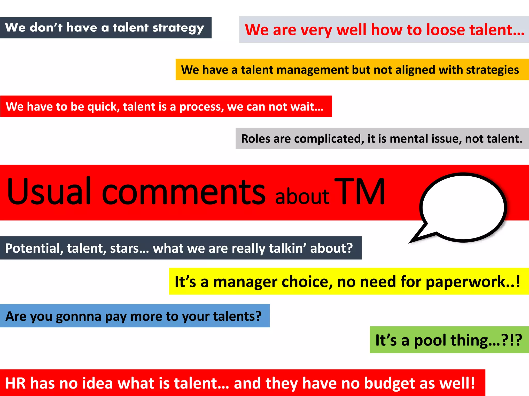 Usual comments about TM
We don’t have a talent strategy
We have a talent management but not aligned with strategies
We have to be quick, talent is a process, we can not wait…
Roles are complicated, it is mental issue, not talent.
Potential, talent, stars… what we are really talkin’ about?
It’s a manager choice, no need for paperwork..!
Are you gonnna pay more to your talents?
It’s a pool thing…?!?
HR has no idea what is talent… and they have no budget as well!
We are very well how to loose talent…
 
