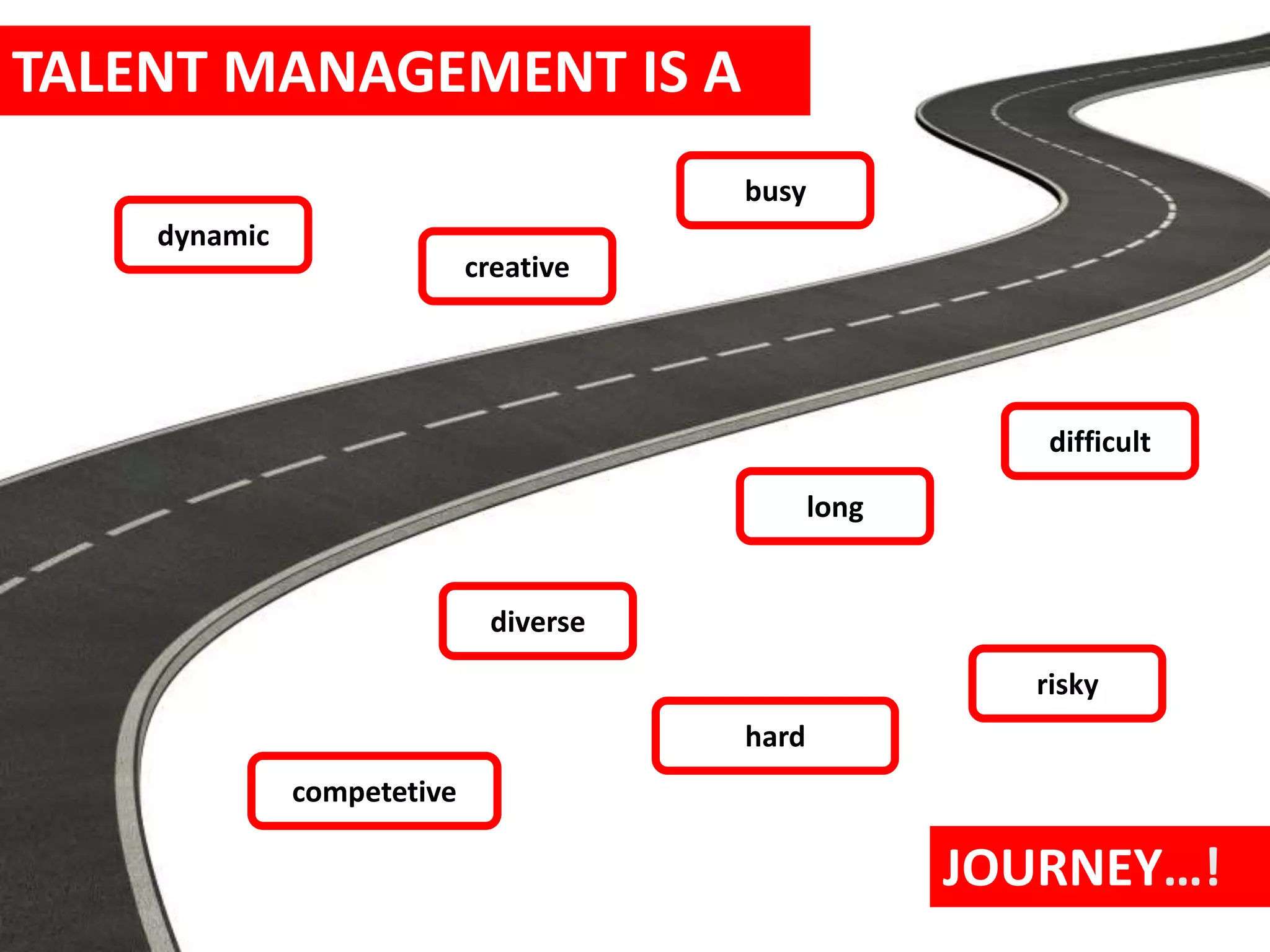 TALENT MANAGEMENT IS A
JOURNEY…!
dynamic
diverse
creative
difficult
long
risky
competetive
busy
hard
 