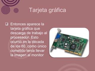 Tarjeta gráfica

 Entonces aparece la
  tarjeta gráfica que
  descarga de trabajo al
  procesador. Esto
  ocurrió en la década
  de los 80, como único
  cometido tenía llevar
  la imagen al monitor
 