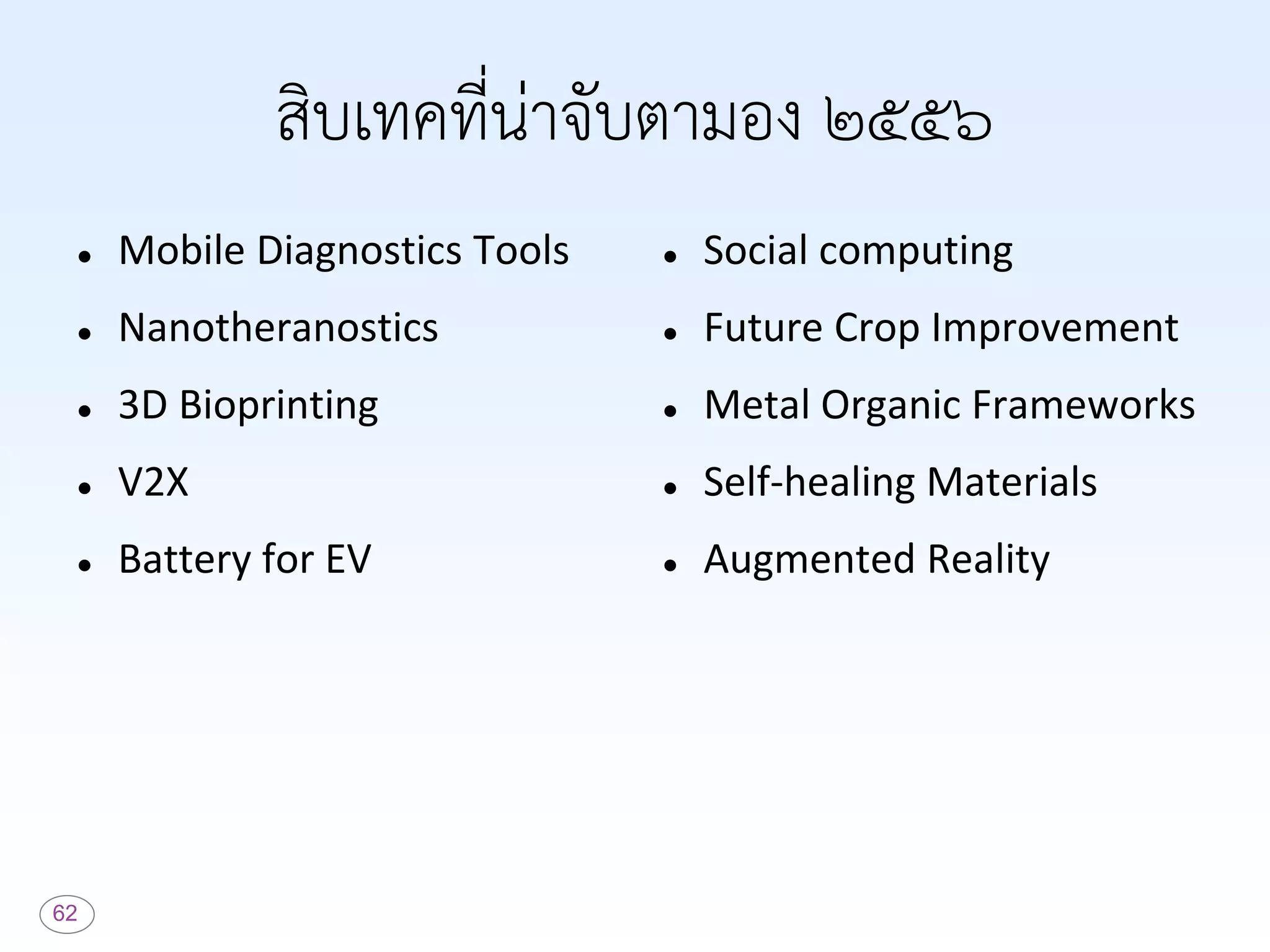 62
สิบเทคที่น่าจับตามอง ๒๕๕๖
 Mobile Diagnostics Tools
 Nanotheranostics
 3D Bioprinting
 V2X
 Battery for EV
 Social computing
 Future Crop Improvement
 Metal Organic Frameworks
 Self-healing Materials
 Augmented Reality
 