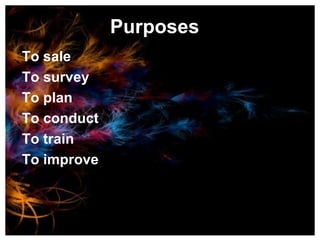 Purposes To sale To survey To plan To conduct To train To improve 