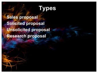 Types Sales proposal Solicited proposal Unsolicited proposal Research proposal 