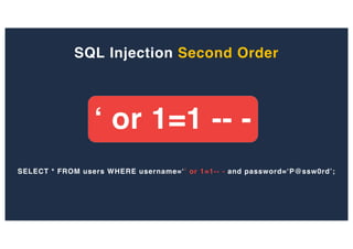 SQL Injection Second Order
‘ or 1=1 -- -
SELECT * FROM users WHERE username=‘’ or 1=1-- - and password=‘P@ssw0rd’;
 