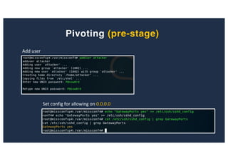 Pivoting (pre-stage)
Add user
Set config for allowing on 0.0.0.0
 