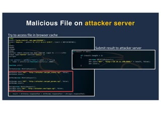 Malicious File on attacker server
Try to access file in browser cache
Submit result to attacker server
 