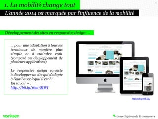 11
… pour une adaptation à tous les
terminaux de manière plus
simple et à moindre coût
(comparé au développement de
plusieurs applications)
Le responsive design consiste
à développer un site qui s’adapte
à l’outil avec lequel il est lu.
En savoir + :
http://bit.ly/1bmVMWI
Développement des sites en responsive design …
http://bit.ly/1hb7jjU
L’année 2014 est marquée par l’influence de la mobilité
1. La mobilité change tout
 