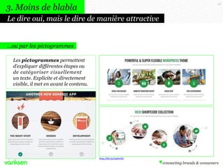 26
…ou par les pictogrammes
Le dire oui, mais le dire de manière attractive
3. Moins de blabla
Les pictogrammes permettent
d’expliquer différentes étapes ou
de catégoriser visuellement
un texte. Explicite et directement
visible, il met en avant le contenu.
http://bit.ly/1jwkmfU
 
