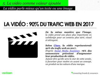 39
De la même manière que l’image,
la vidéo prend une place plus importante en
webdesign pour un contenu plus aéré, visuel
et attrayant.
Selon Cisco, la vidéo représenterait
90% du trafic web en 2017.
D’après Social Media Examiner, 76% des
annonceurs prévoient d’augmenter
leur production de vidéo.
Autant dire qu’elle sera la star de cette année,
à favoriser pour mettre en avant un concept,
un produit ou les valeurs d’une marque.
La vidéo parle mieux qu’un texte ou une image
5. La vidéo comme valeur ajoutée
LAVIDÉO:90%DUTRAFICWEBEN2017
 