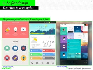 50
De plus en plus de sites influencés par le flat
Des sites tout en aplat
6. Le flat design
http://bit.ly/1m7tUA1 http://bit.ly/1djO8ke
 