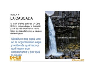 #10comint15
REGLA # 1
LA CASCADA
El team briefing parte de un Core
Brifieng elaborado por la dirección
y que se va transmitiendo hacia
todos los departamentos y equipos
de la empresa
Core Briefing
Team briefing departamental
Team briefing de sección
Team briefing proyectos
 