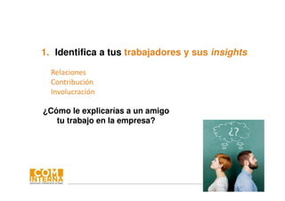 #10comint15
1. Identifica a tus trabajadores y sus insights
¿Cómo le explicarías a un amigo
tu trabajo en la empresa?
Relaciones
Contribución
Involucración
 